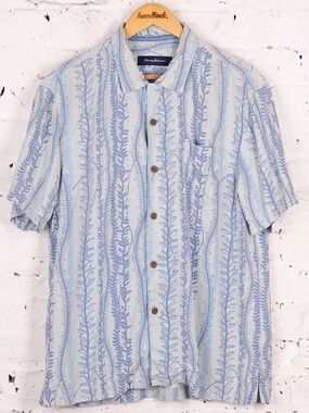 Tommy Bahama Silk Light Blue Leaf-Print Casual Button-Down Shirt